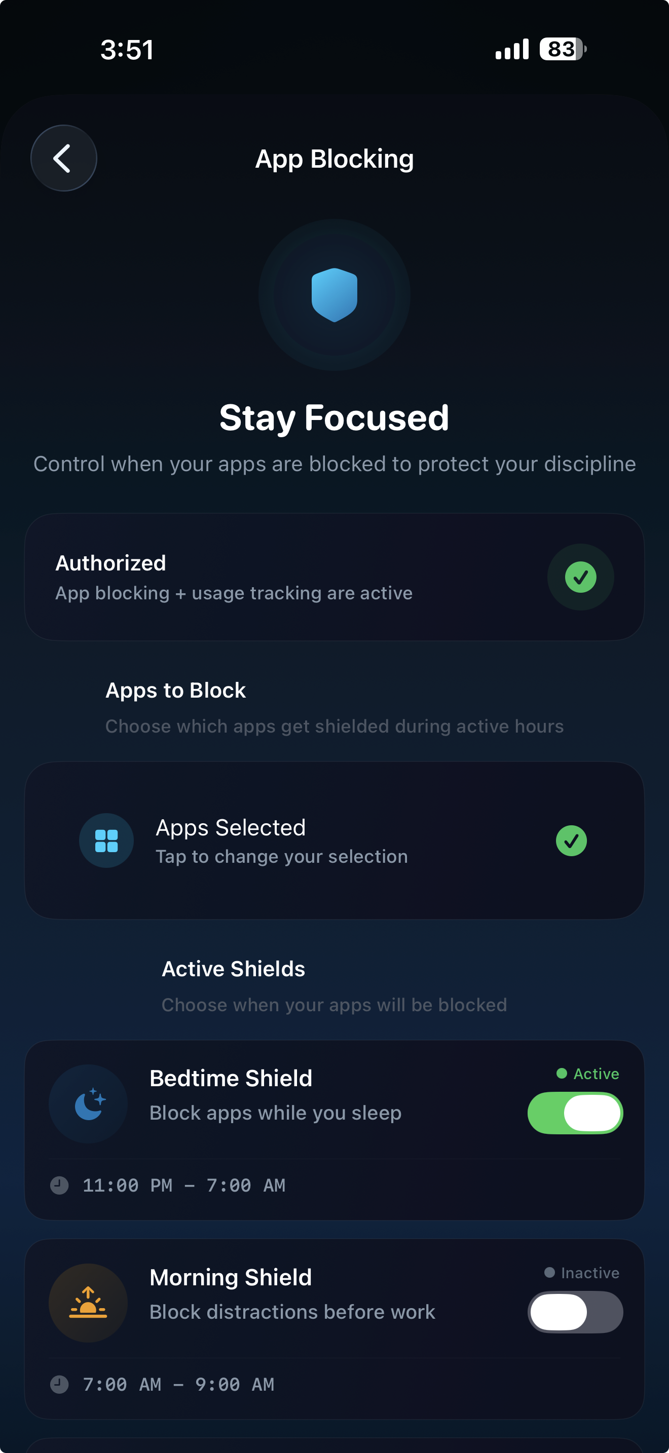 Compound app app blocking screen showing stay focused