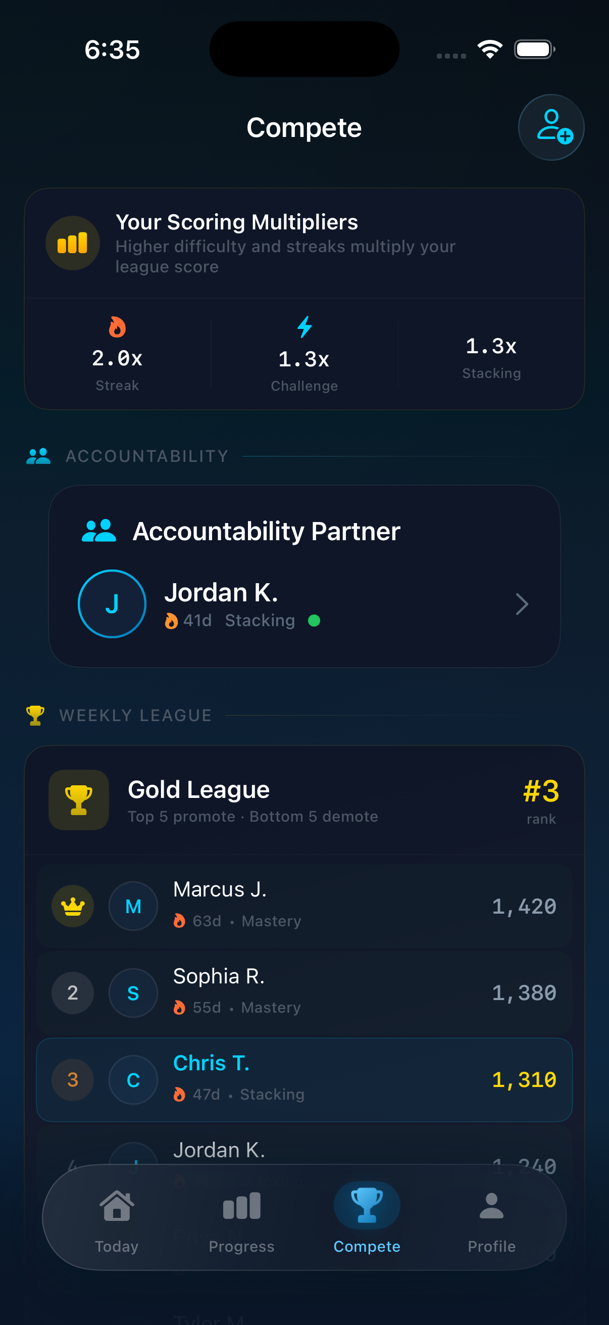 Compound app compete & connect screen showing accountability built in