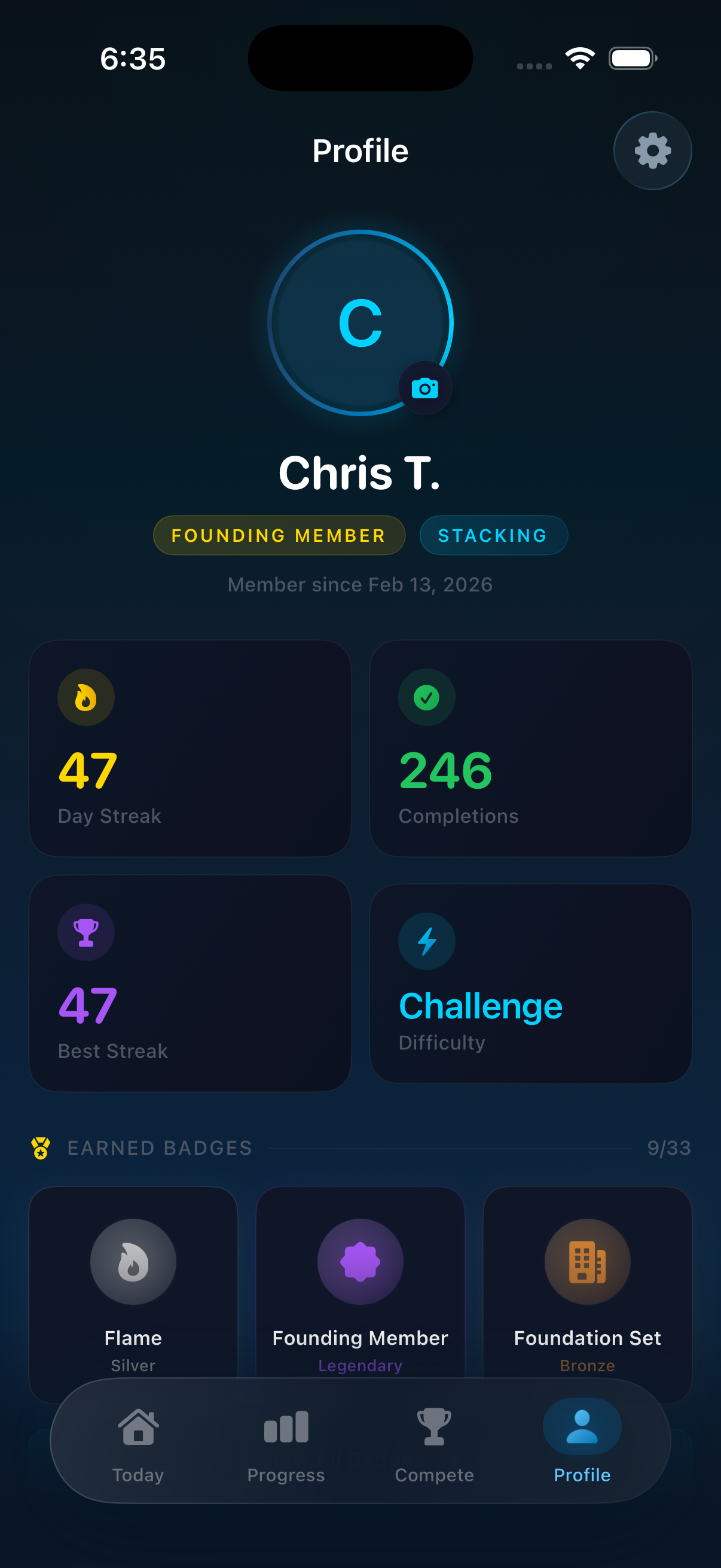 Compound app your profile screen showing track your legacy